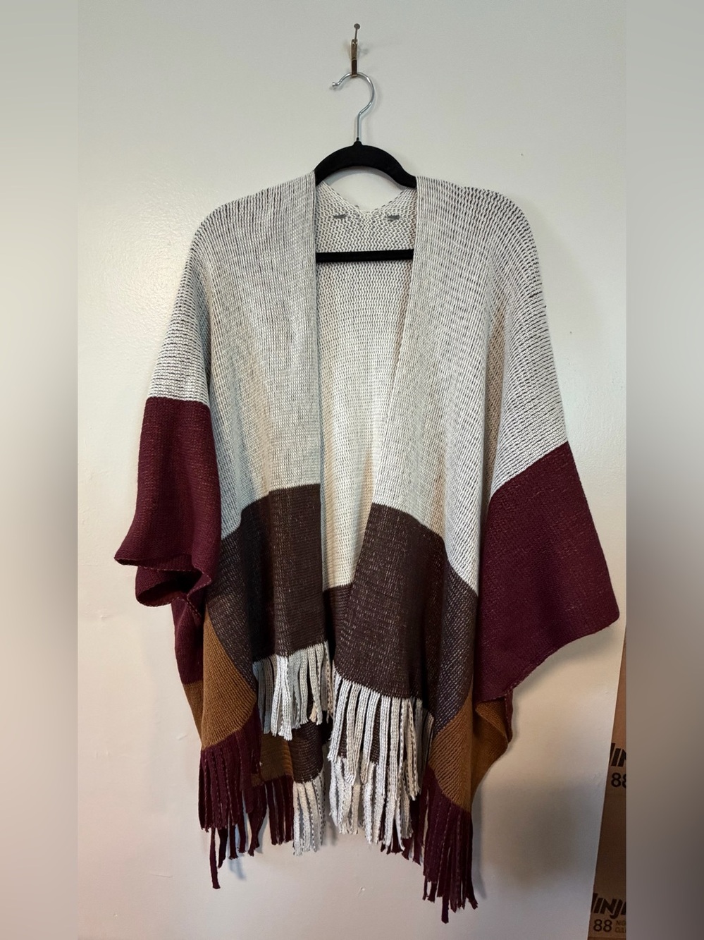 Cozy Colorblock Fringe Knit Sweater Wrap - Ivory, Chocolate & Burgundy